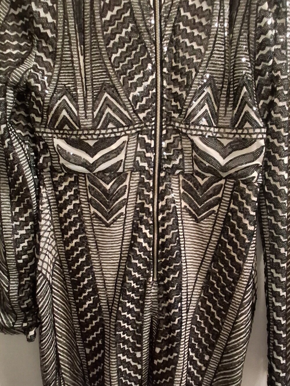 Fashion Nova Black & White Geometric Sequin Zip Jacket
